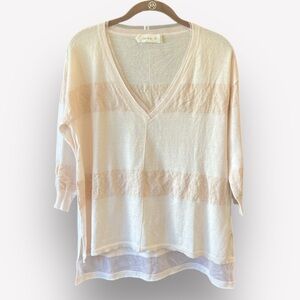 🥑Laurie B Soft Cream Cotton Blend Fabric Small Stripes Mesh V-neck